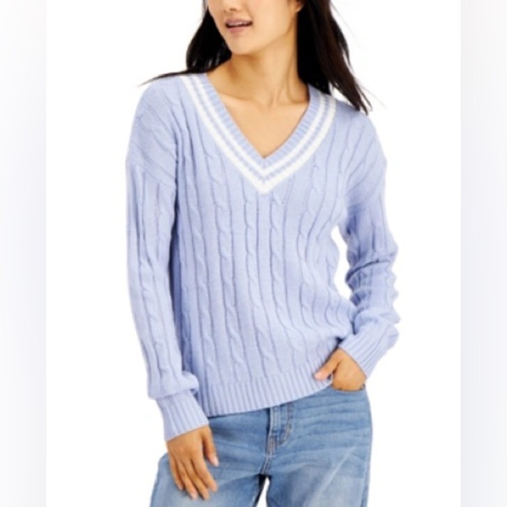 Hooked Up blue and white knit sweater Junior Varsity Cable by IOT